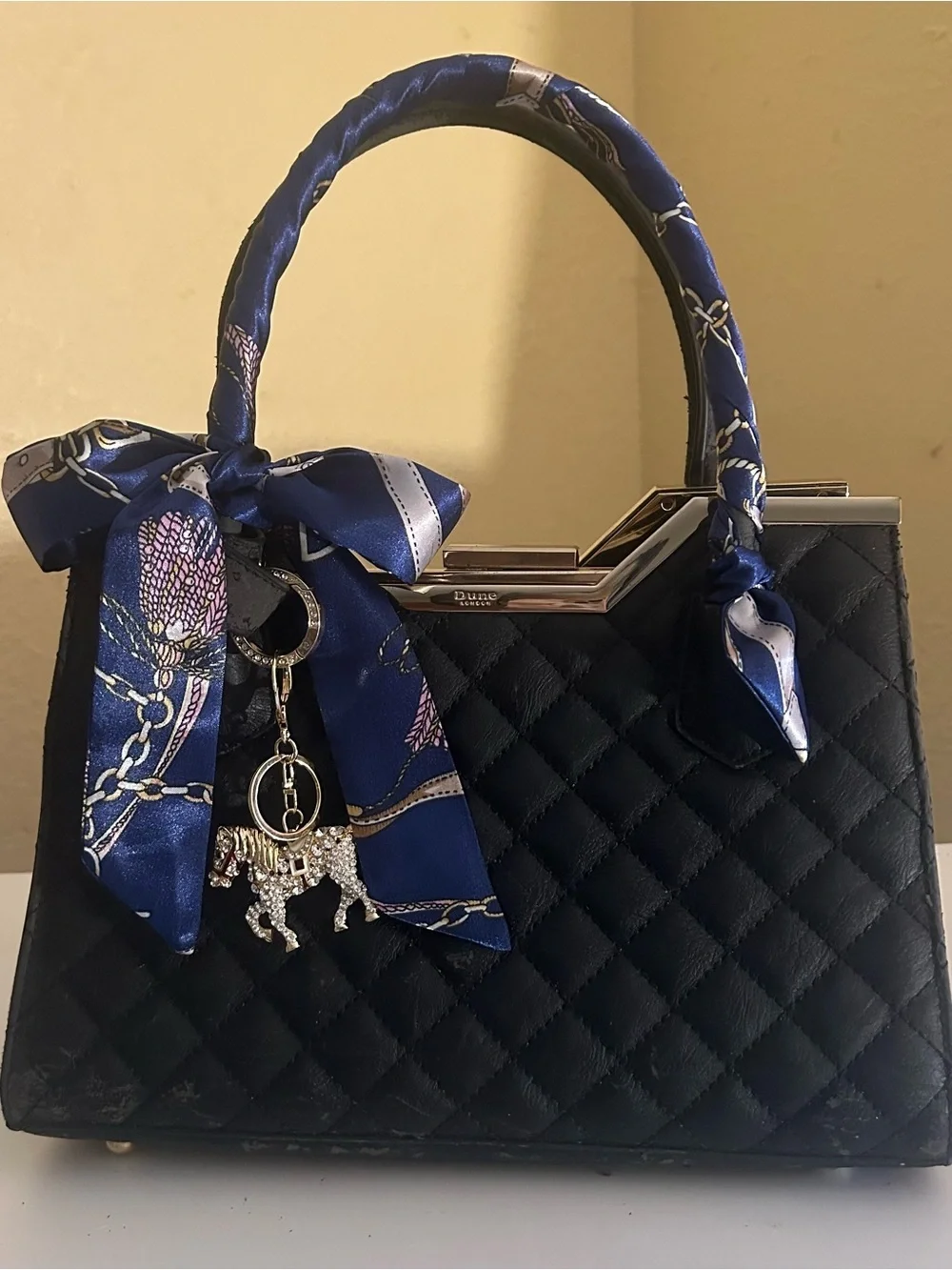 Twilly Silk Handbag Headband Neck Tie Scarf. Blue Navy Gold Good pair w/ Dior